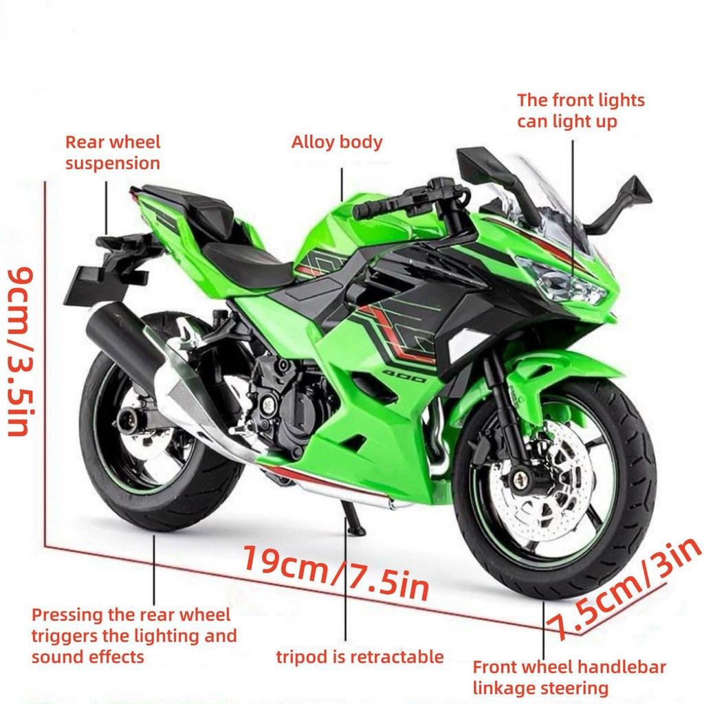 Skala Kawasaki Ninja 400 Motorsykkelmodell med Lyd og Lys Legering Minnemodell Motorsykkel Leketøy for Barn 1/12 Effekter,