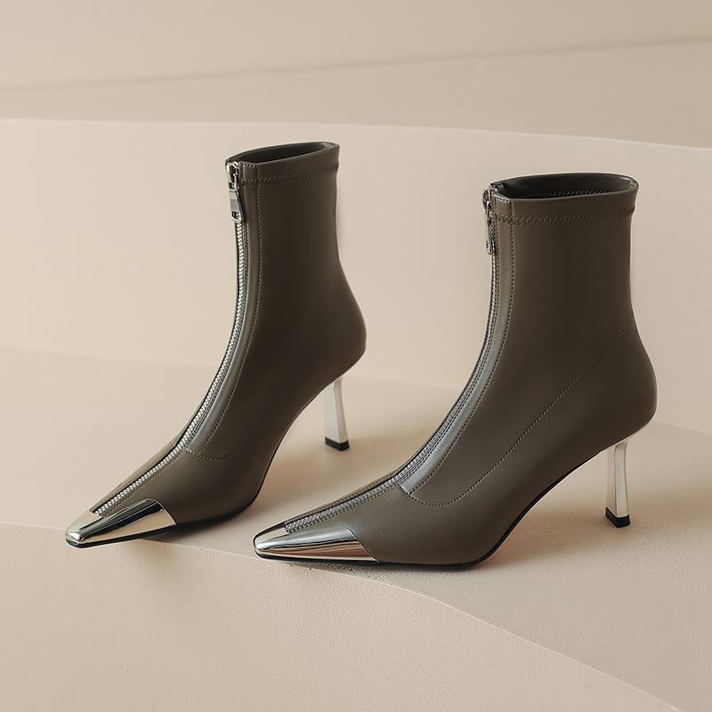 Krazing Pot Microfiber Basic Design Winter Pointed Toe Metal Thin High Heels Modern Boots Women Ankle Boots