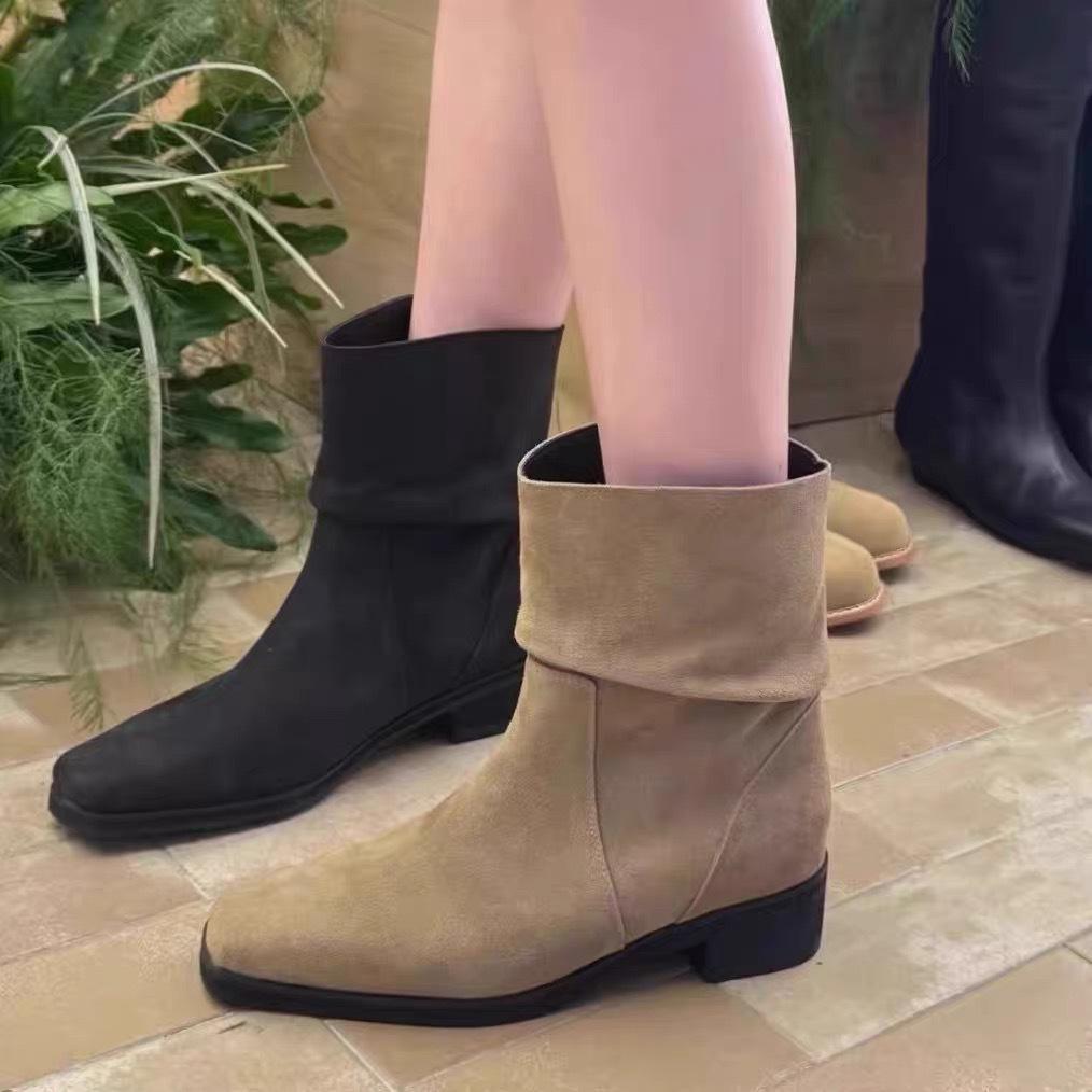 Sheepskin version~ Korean retro square head push boots short boots women's 2025 new thick heel western cowboy boots Martin boots