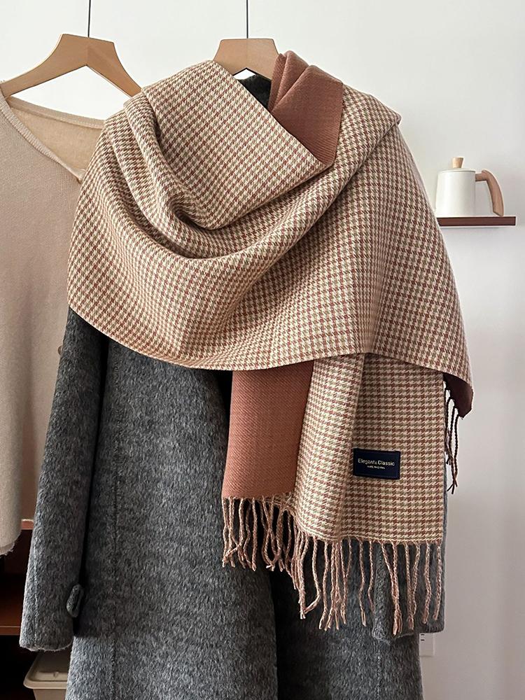 Women'S Imitation Cashmere Retro Houndstooth Knit Scarf Headscarf Casual Tassel Scarve Ladies Mujer Wrap Shawl Winter New Korean