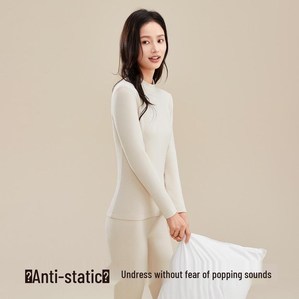 Women's Thermal Wool-Silk Mid-Neck Underwear Set - Slimming Base Layer for Winter and Autumn