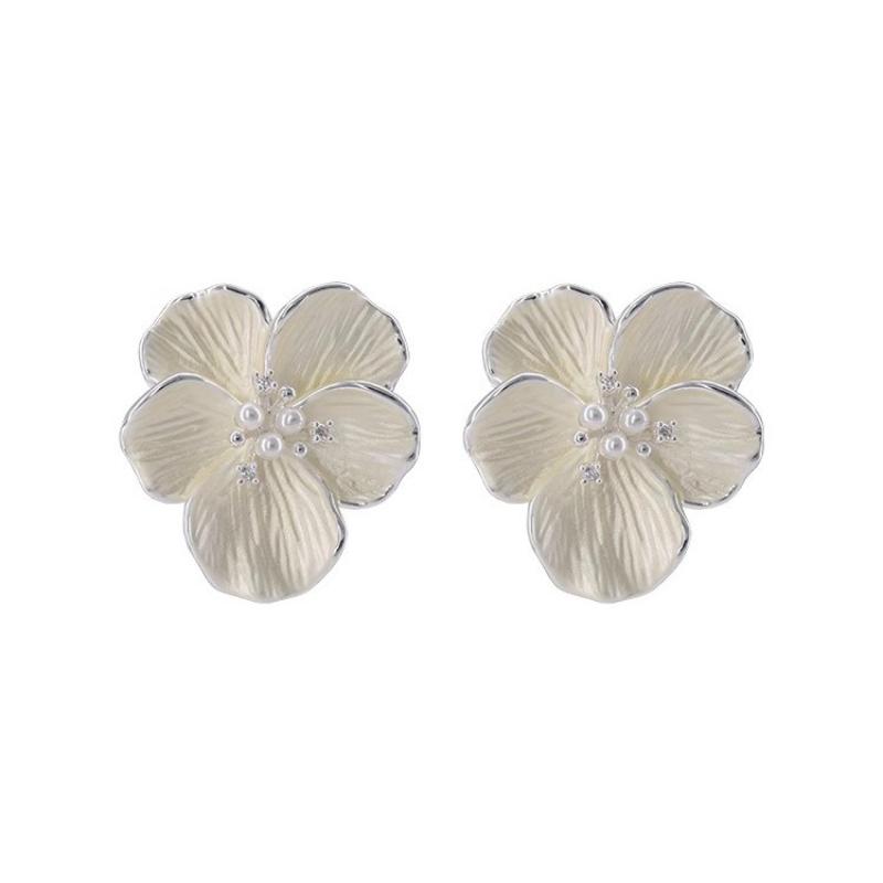 MEETSOFT 925 Silver Geometric Pleated Flower Pearl Stud Earring for Women Fine Jewelry High Luxury Vintage Accessories
