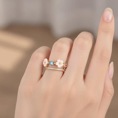 Zirconia Gold Color Flower Ring Exquisite Design Sweet Crystal Open-end Ring Sparkling Inlaid Zirconia Ring Wedding Jewelry