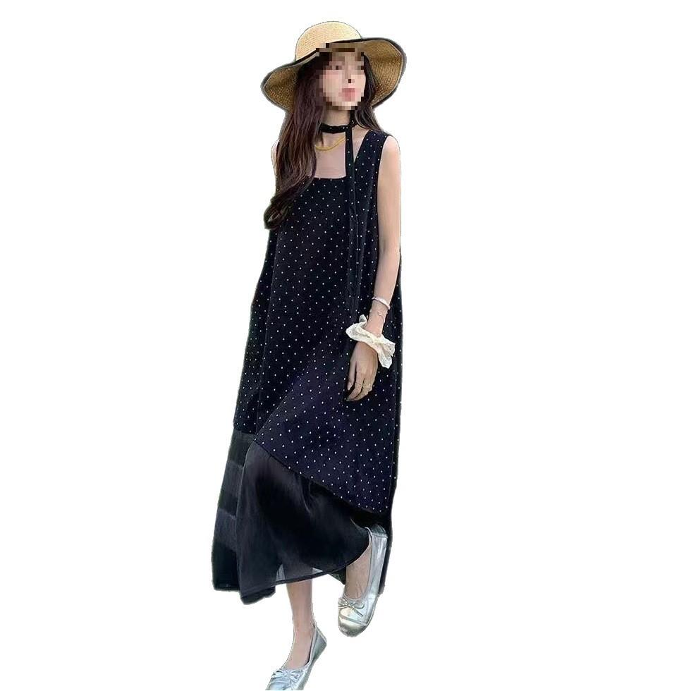 Temperament French Polka Dot Splicing Irregular Splicing Dress New Summer Design Sleeveless Long Women's Dress..