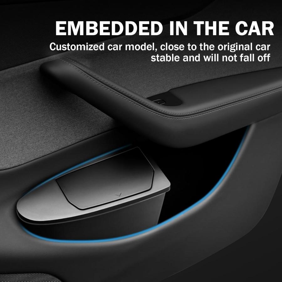 UBLM4 Front Door Built-in Storage Organizer for Tesla Model Y Juniper 2025 2026 Car Garbage Bin with Push‑Open Lid ABS Door Organizer