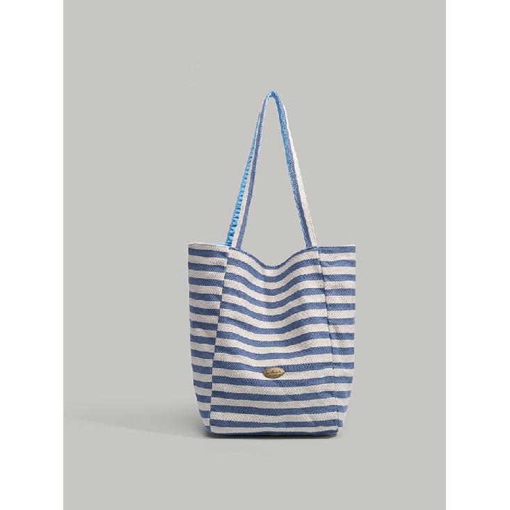 Double-sided striped canvas bag, Korean ins style, casual large-capacity tote bag, women s shopping bag синий