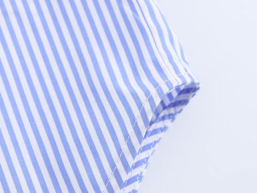 2025 Spring/Autumn Floral Print Blue Striped Loose Fit Long Sleeve Shirt with Turn-Down Collar