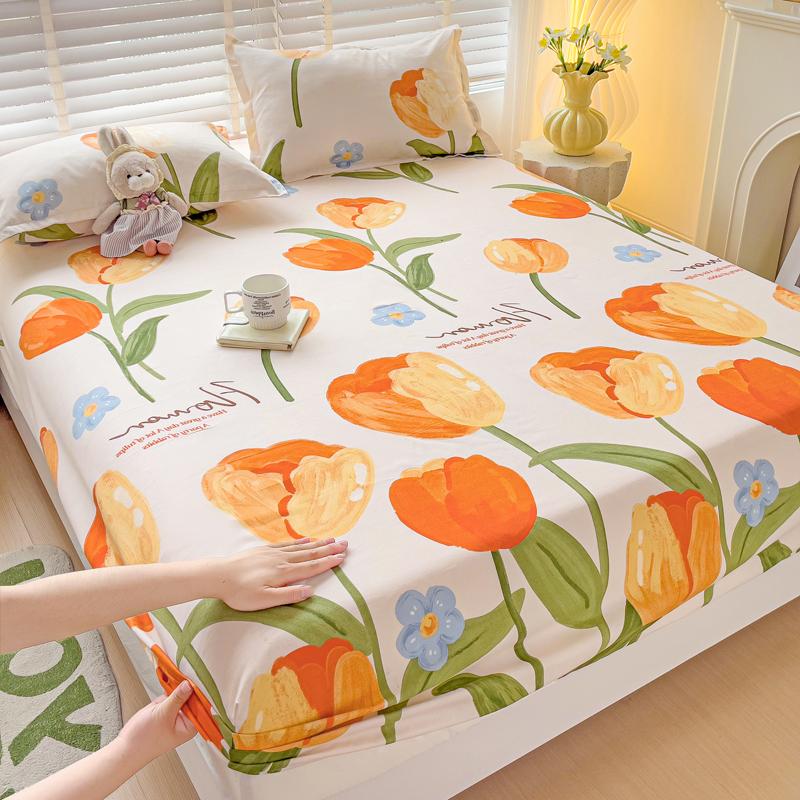 Queen Bed Sheets Set Tulips Printed drap de lit Floral Flower Style Fitted Sheet with Elastic Band Single Bed Linen for King Bed