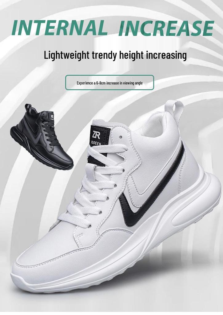 Men's Trendy 8CM Height-Increasing Striped Sports Shoes, Korean Style with Thick Soles and Mid-Top Design.
