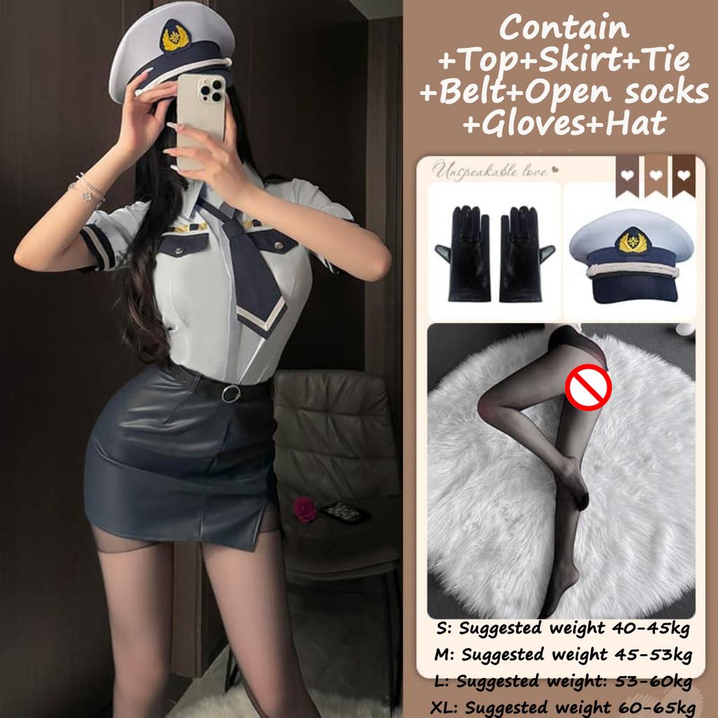 Sexy Flight Attendant Police OL Woman Sexy Cosplay Lingerie Office Lady Erotic Costume Wrap Hip PU Leather Skirt and Shirt Set