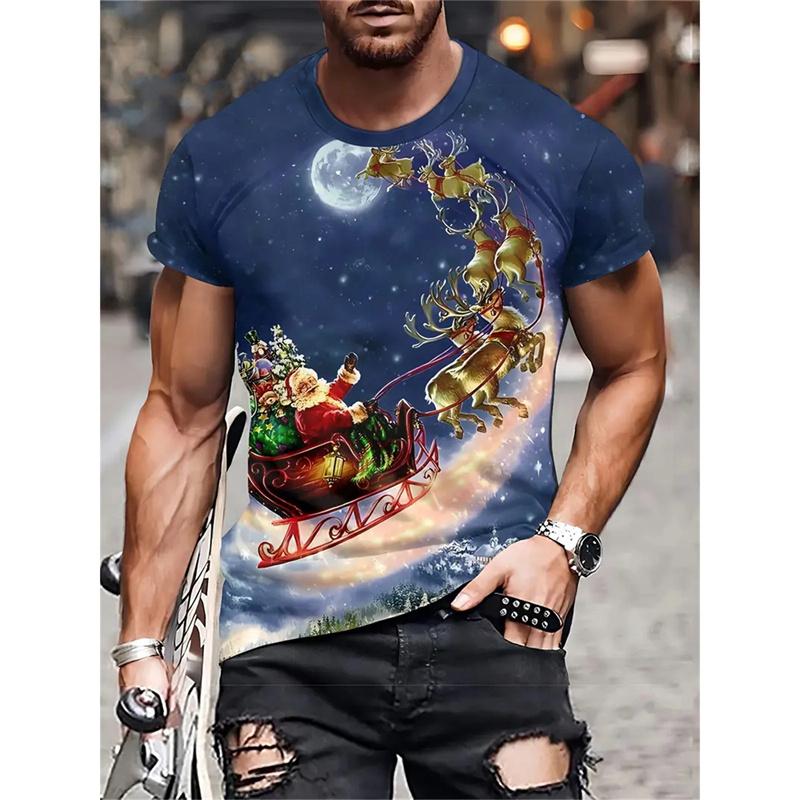 Christmas Tree Pattern Men's T-Shirt Funny Santa 3D Print Summer Casual Short Sleeve Crew Neck Top