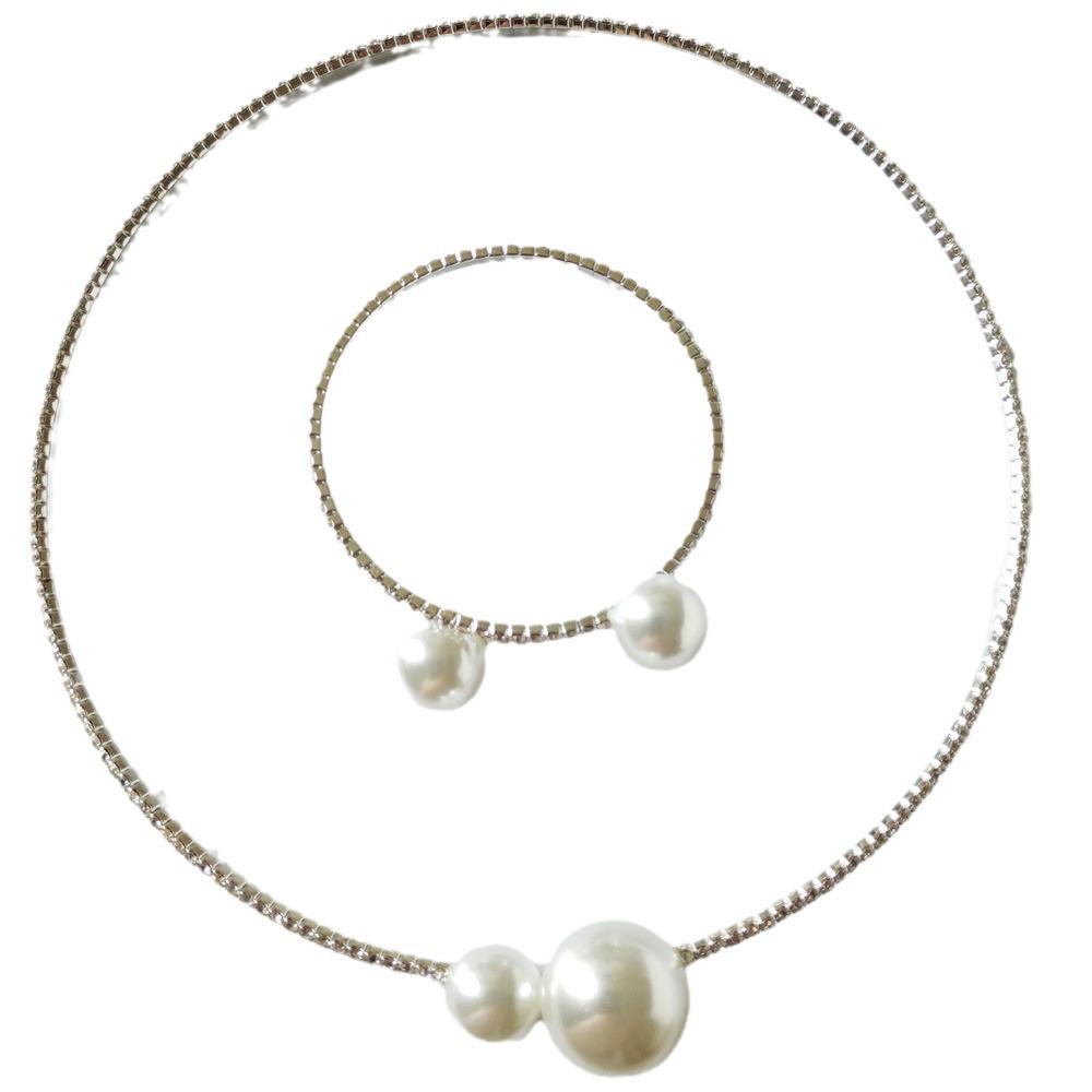 Set elegant colier choker, brățară și colier cu perle și strasuri pentru nunți și seri
