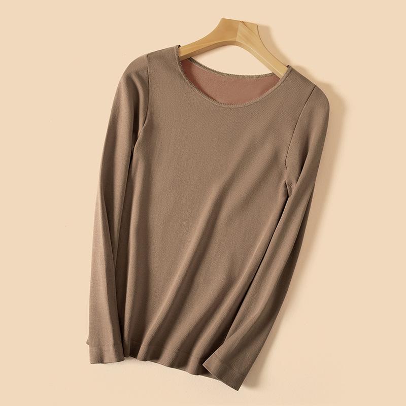 

Женский термо-топ с круглым вырезом из бархата - Облегающий крой, Петельчатый бархат, С добавлением бархата, Идеально для зимы One Size (80-135 lbs)