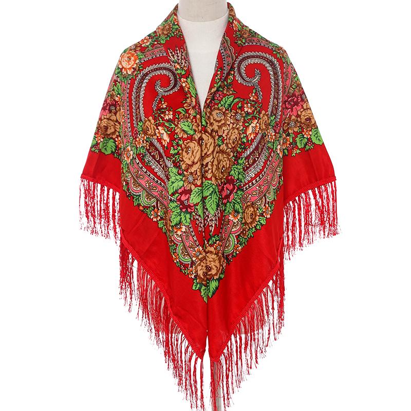 Square Shawl Flower Scarf For Women'S Large-Sized Hijab Retro Printed Tassels Warp Warm Autumn And Winter Cape Bufandas Poncho
