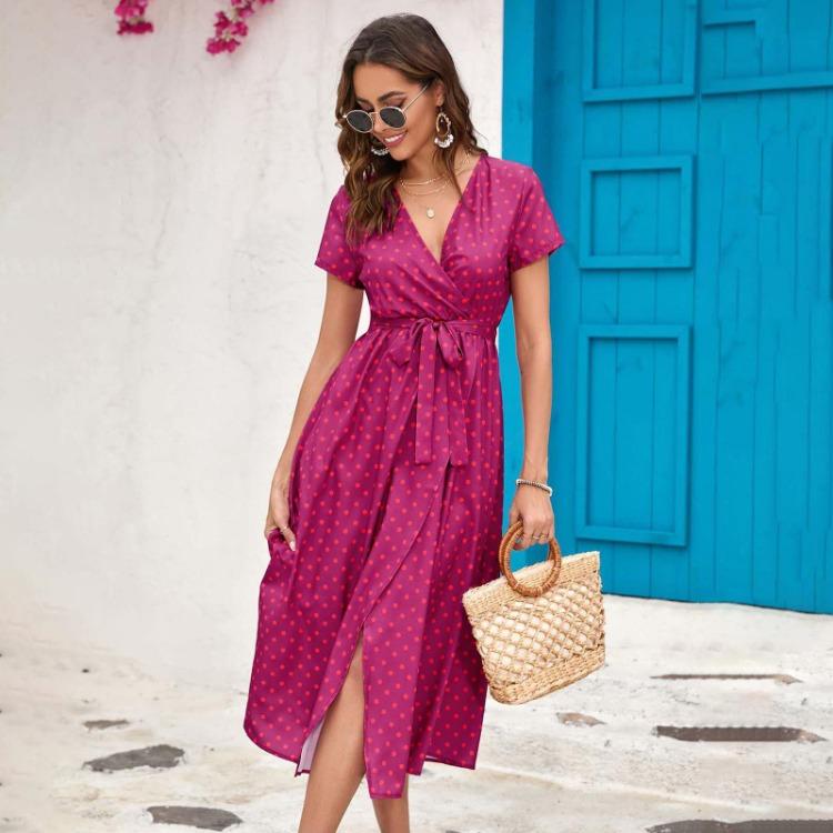 Women Summer High Waist A Line Dress Ethnic Printed Short Sleeve Lace Up