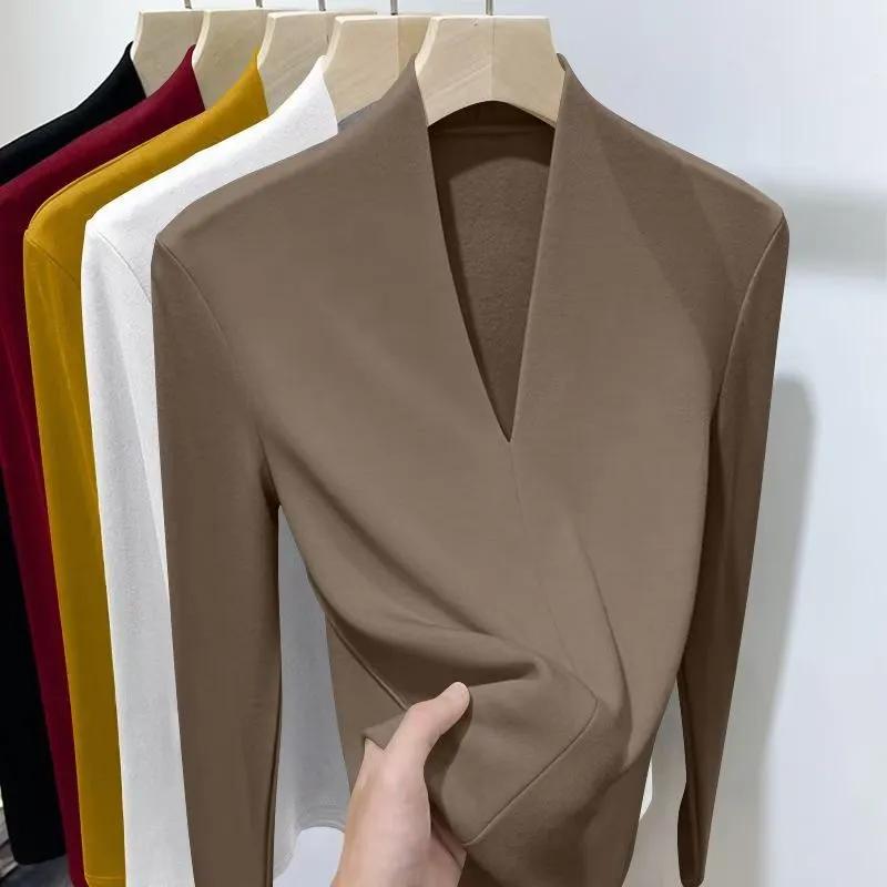 Damer Höst Vinter Enfärgade V-ringade Plus Sammet T-shirts Långärmade Smala Pullovers Underkläder Skjorta