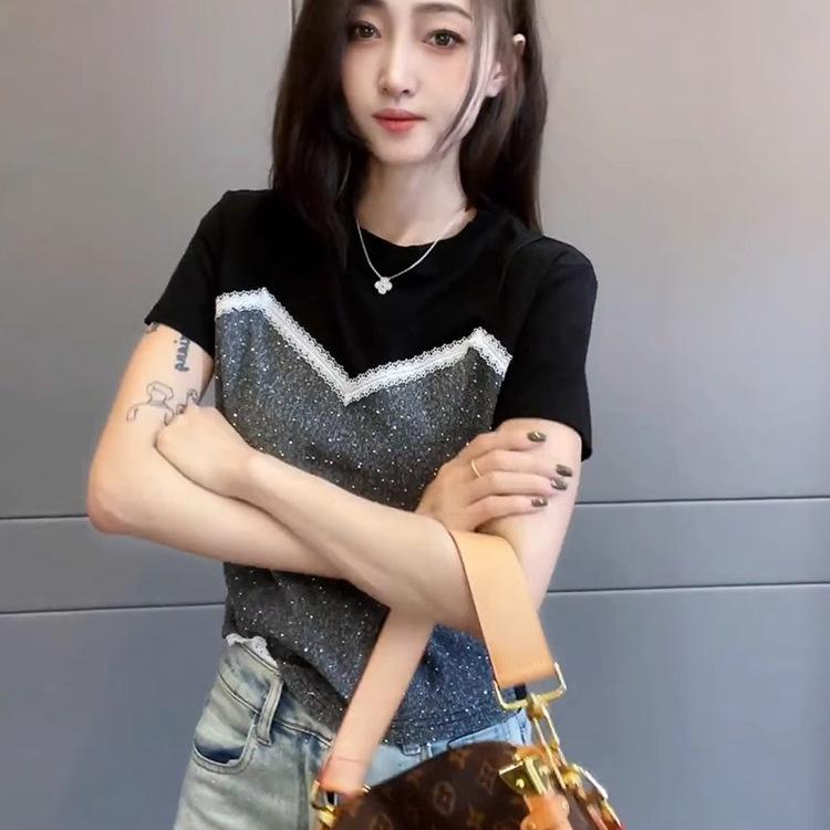 2026 Summer Women's Casual Sequin Patchwork Round Neck T-shirt