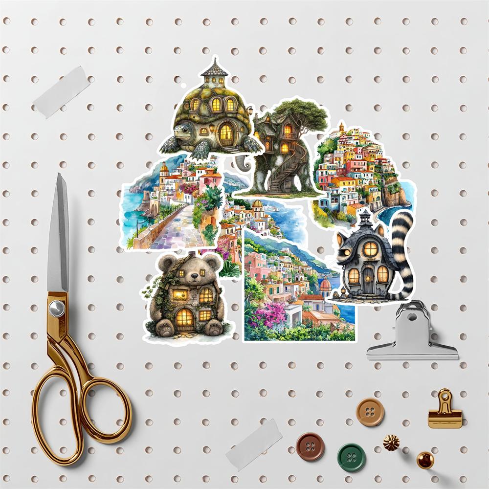 18pcs Anime Watercolor Greek island scenery Paper Stickers, for Luggage, Notebook, Diary, Album Decoration, DIY stationery