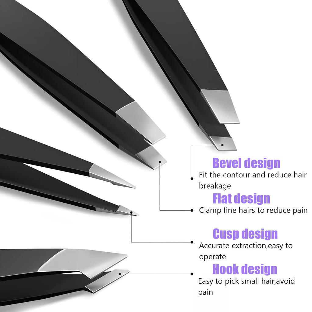 Tweezers Set 4 In 1 Pack L Professional Stainless Steel Tweezers for Eyebrows L Great Precision for Facial Hair, Splinter and In