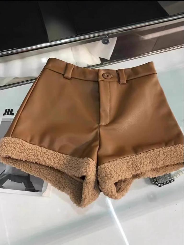 Women's Coffee Ruffled Winter Lamb Wool High-Waist Wide-Leg Retro Booty Shorts