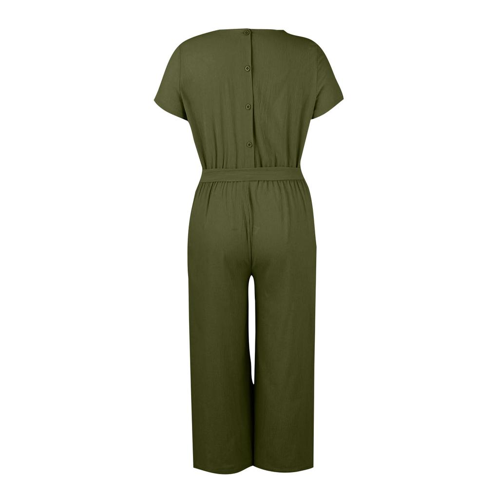 (Spicy chicken)Women's Fashion Loose Casual Solid Color  Linen Short Sleeve Temperament Wide-leg Long Jumpsuit Linen Pants For Women Belt Included