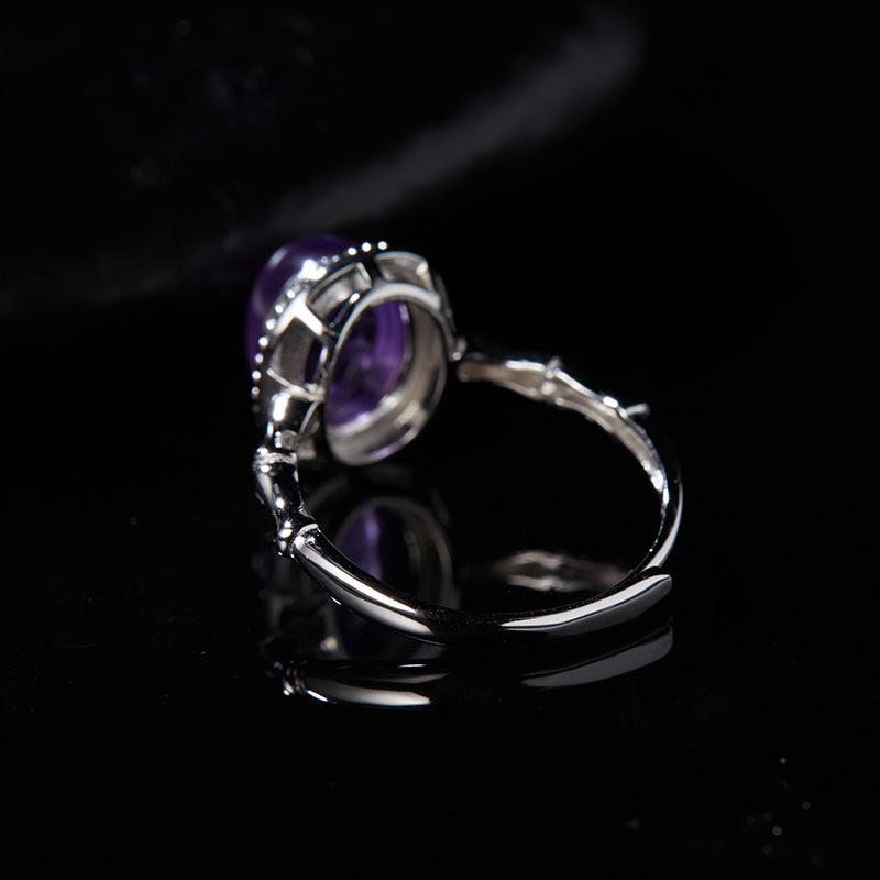 S925 Sterling Silver Natural Color Treasure Amethyst Ring Female Bamboo Design Fashionable And Versatile, Adjustable And Non-Fading