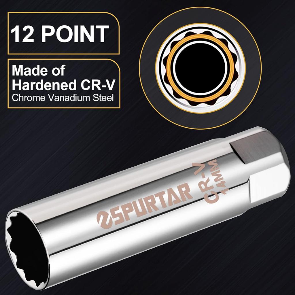 Spurtar 14mm Spark Plug Socket 3/8-inch Drive Thin Wall Magnetic Spark Plug Socket - 12-Point Design Compatible with BMW, Mercedes, Nissan, Mini