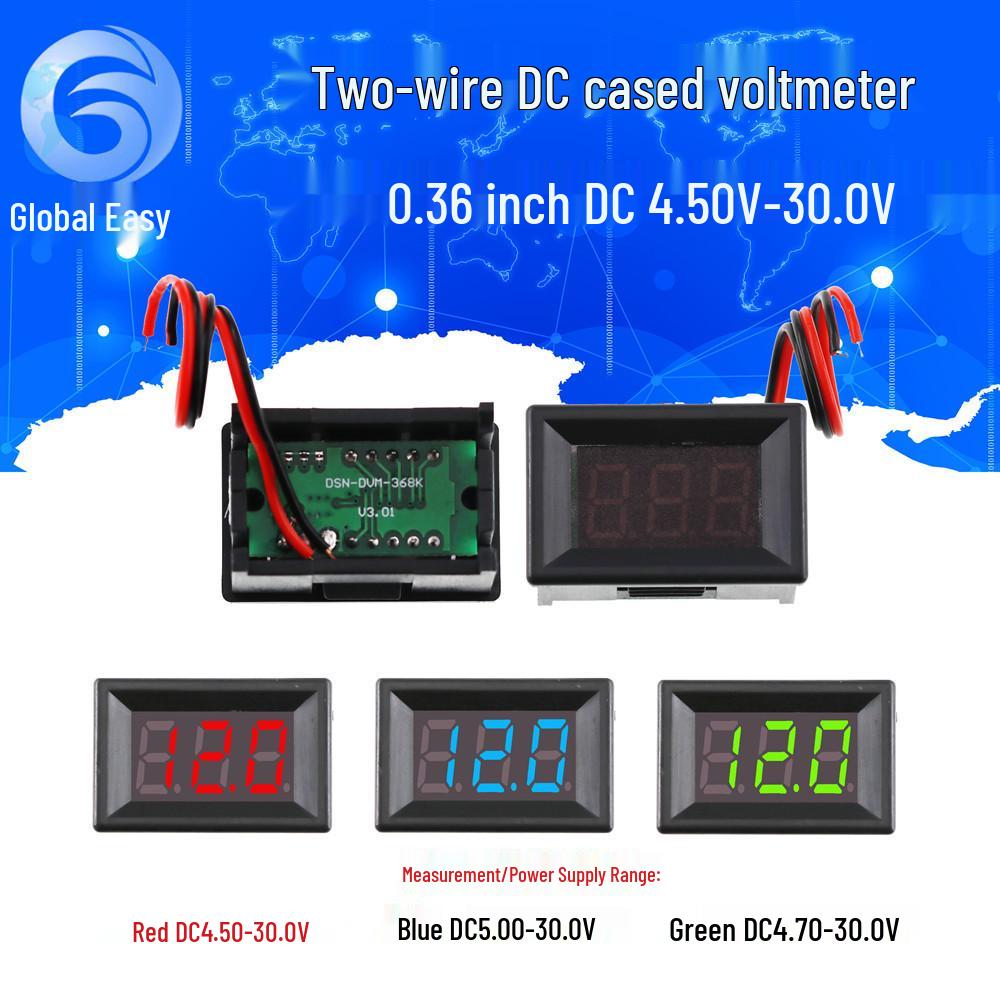 Shell-Enclosed Two-Wire DC Digital Voltmeter, 0.36-inch LED Display, DC 4.50V-30.0V