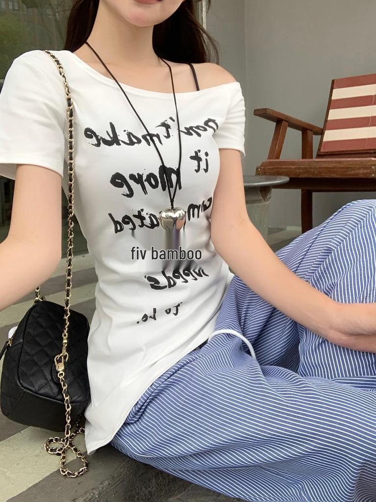 American Spicy Girl Off-Shoulder Short-Sleeve Letter Print T-Shirt - Women's Summer Bodycon Waist-Hugging Unique Design Top