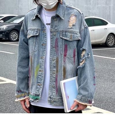 Denim Jacket Men'S Season Loose High Sense Ruffian Handsome Casual Couple Ripped Jacket