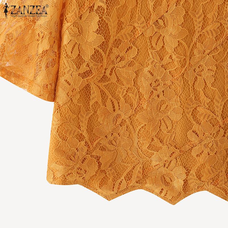 ZANZEA Women Casual Round Neck Half Sleeve Patchwork Lace Blouse