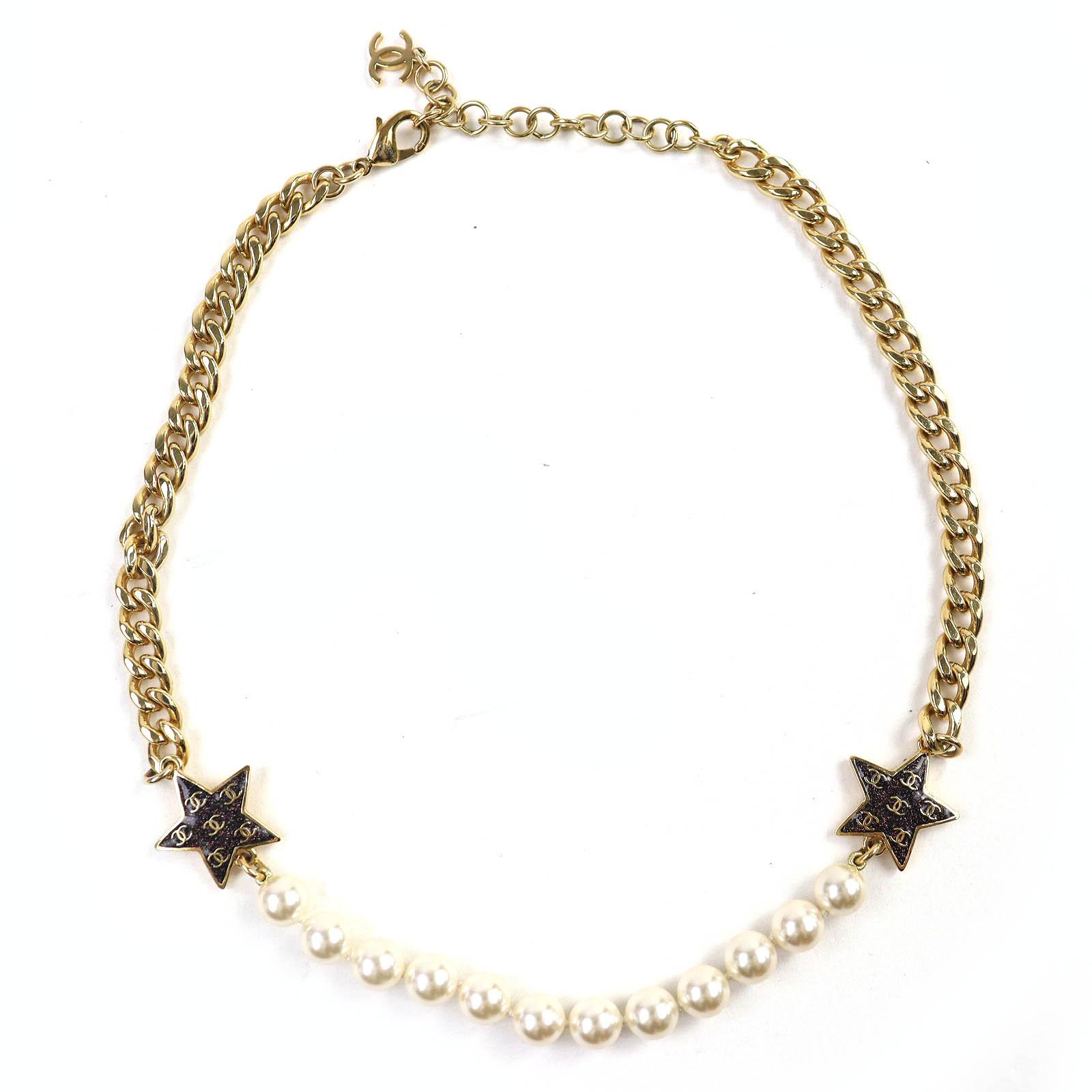 

CHANEL Necklace COCO Mark Star Lame Pearl Choker Gold white Women C24C Used