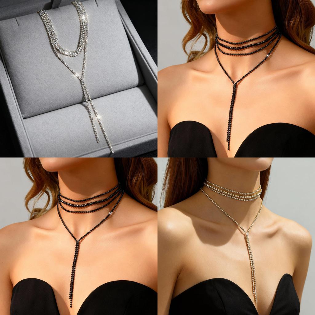 Silver Black Gold Plated Long Necklace With Water Crystals And Geometric Design For Womens Fashion