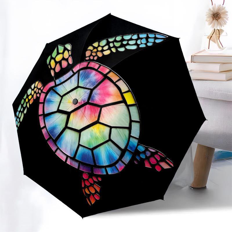 1pc Sea turtle Stained glass Automatic Folding Umbrella, Heavy Duty 8 Rib Iron Frame,  Suitable for Travel, Daily Use, Birthday, Decor Gift  70