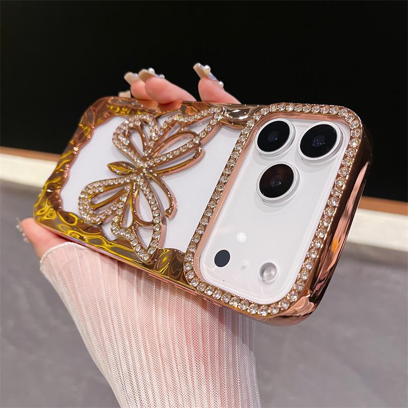 Luxusní pozlacený třpytivý diamantový dutý motýlí kryt na telefon pro IPhone 17 Air 16 15 14 Plus 13 12 11 Pro Max Nárazuvzdorný TPU kryt