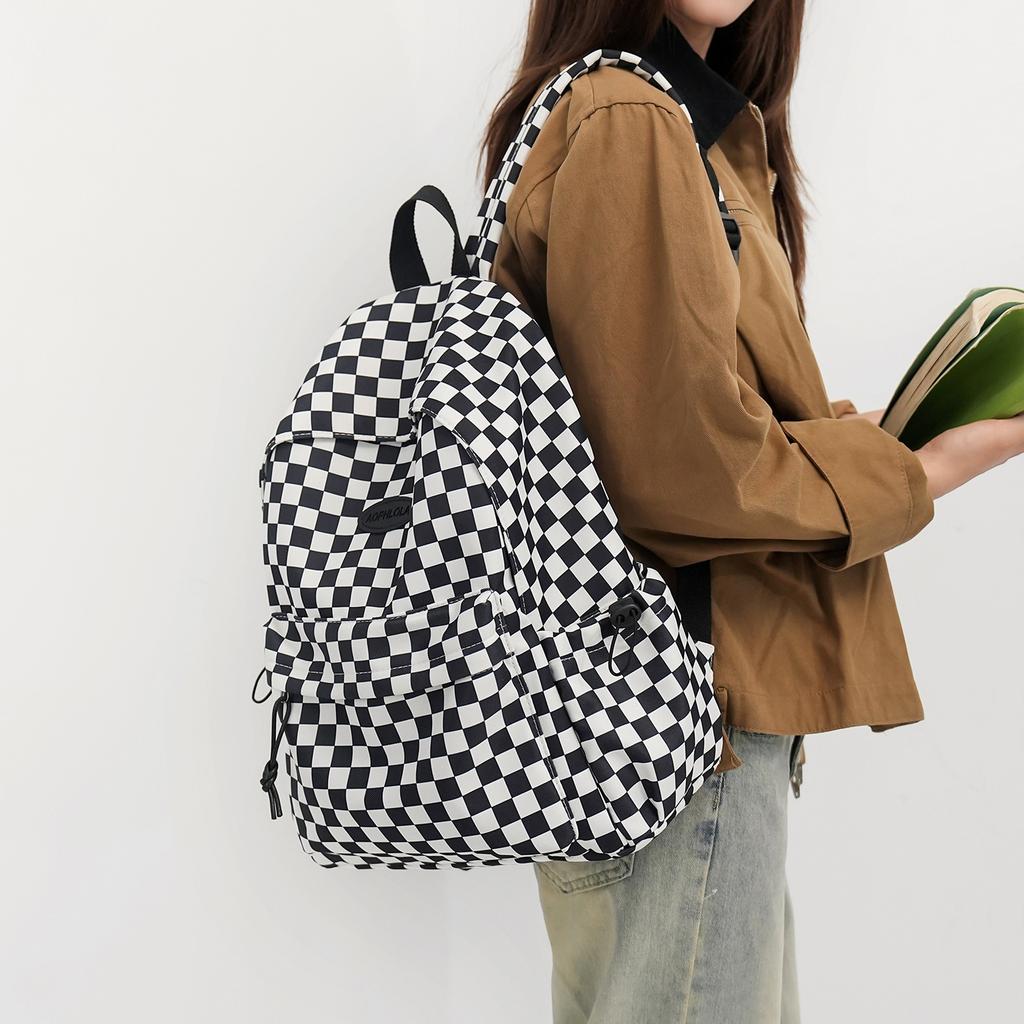 Korean Girl's Backpack for High School Students Attending Classes, Large Capacity Travel Backpack, Checkerboard Fashion