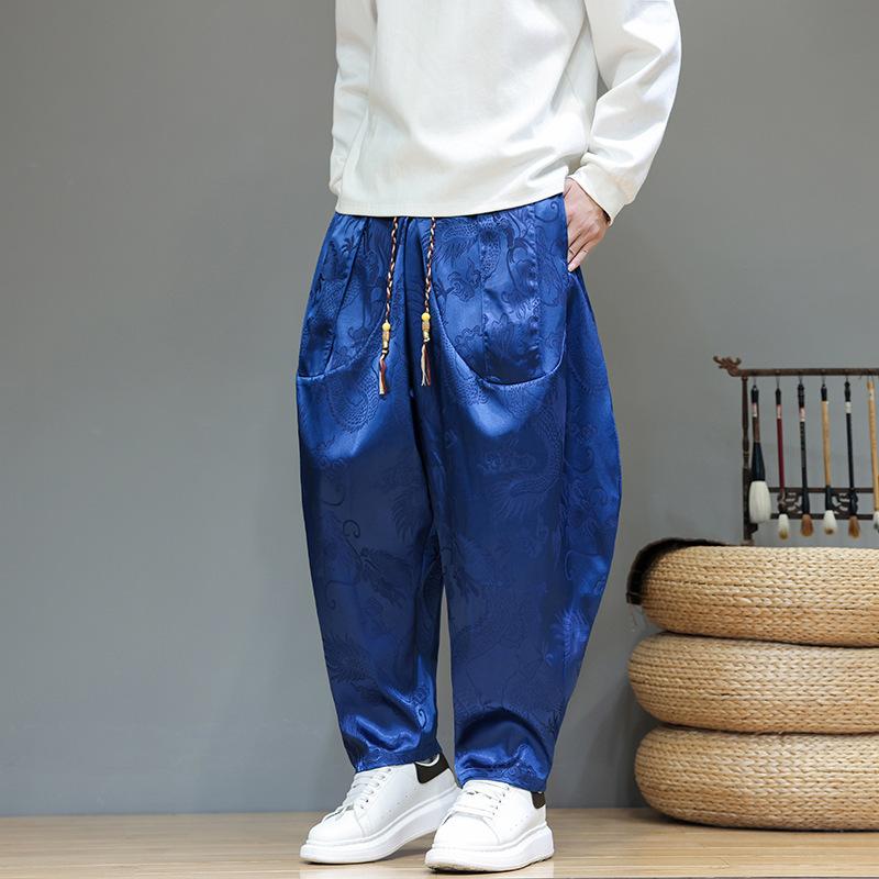 Men's Blue Dragon Jacquard Harem Pants Satin Drawstring Wide Leg Trousers