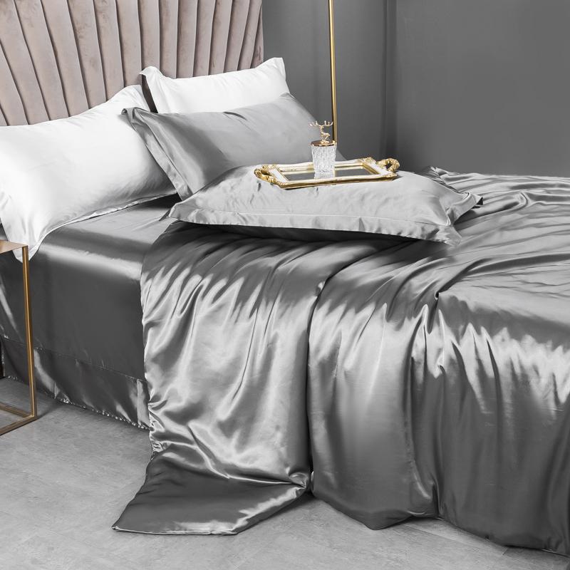 Solid Silk Bedding Set with Duvet Cover Bed Sheet Pillow Case Luxury Single Double Couple Rayon Satin Pillowcases Bedsheet