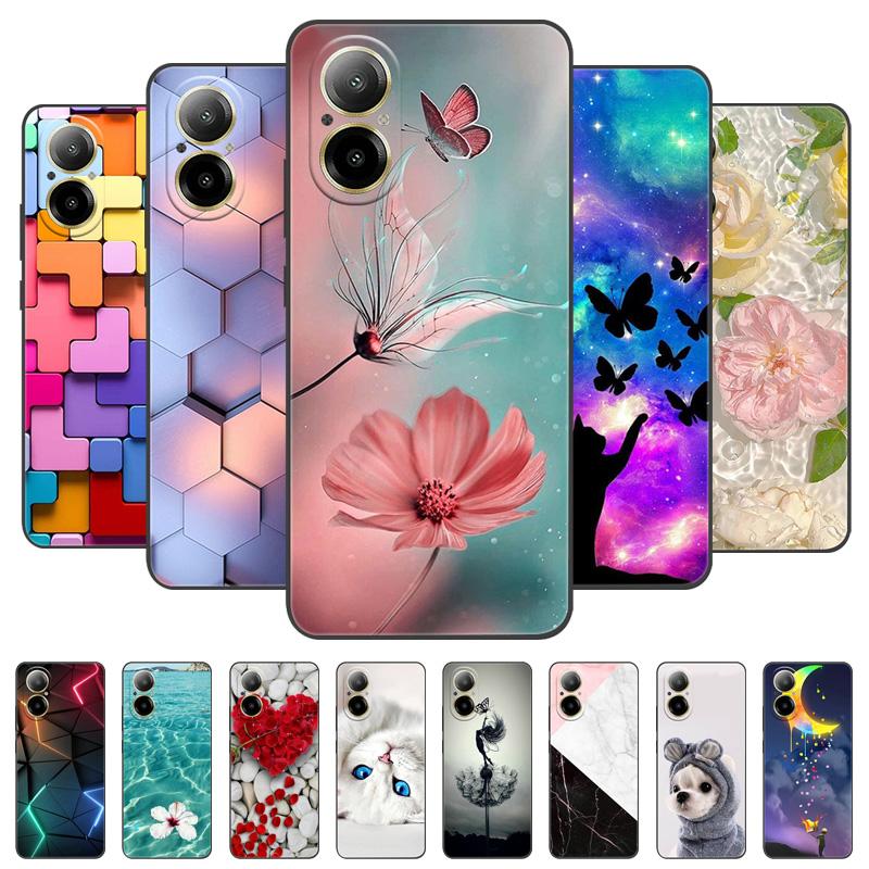 Für Realme C67 4G Hülle RMX3890 Beliebte Blumengemalte Abdeckung Silikon Handyhülle Für Realme C67 C 67 RealmeC67 4G Weiche Taschen Schwarz