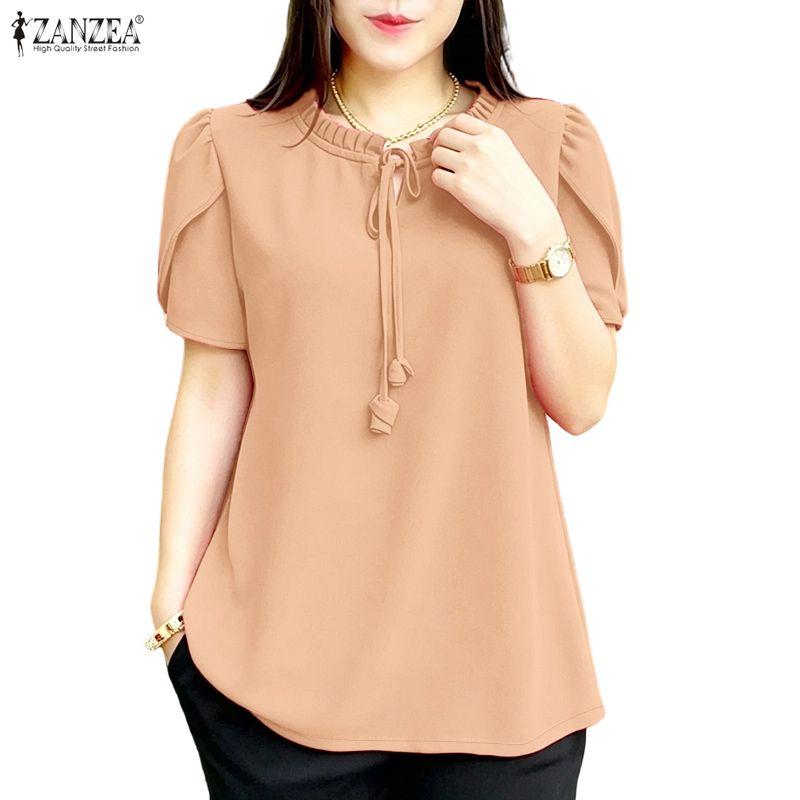 ZANZEA Blusa Casual de Mujer con Cuello Redondo, Color Sólido, Manga Corta Suelta