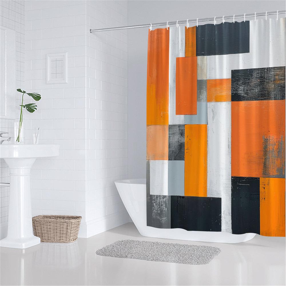 Abstract Geometric Shower Curtain - Orange, Black & White Pattern With Distressed Look, Modern Bathroom Decor, Polyester