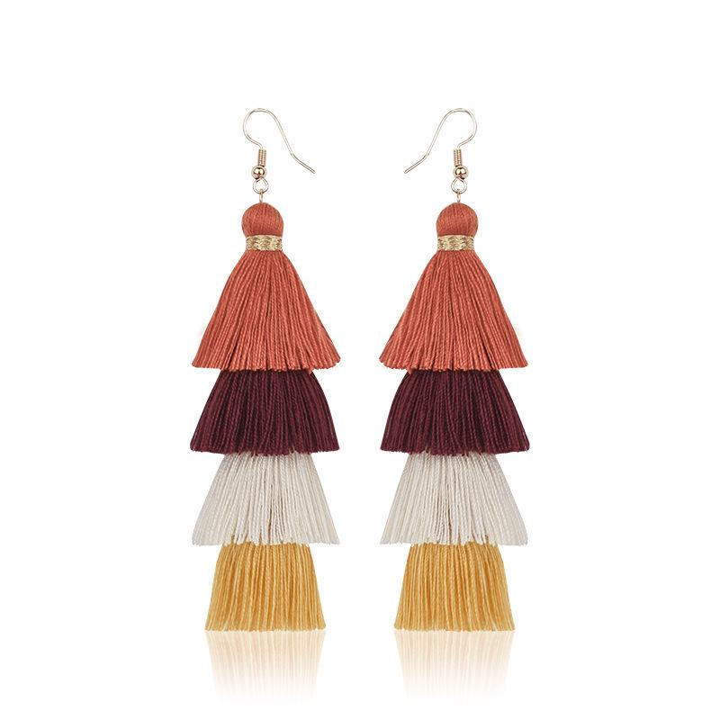 Boho Ethnic 4 Layered Tassel Drop Earrings For Women Long Fringe Statement Dangle Earring Female Bohemian Jewelry Gift