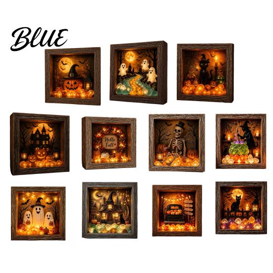 Gothic Shadow Box Night Light DIY Lighted Halloween Ghost Kit Wooden Frame LED Warm Light 3D Picture Craft Kit Memory with Crystal Glass Panel,