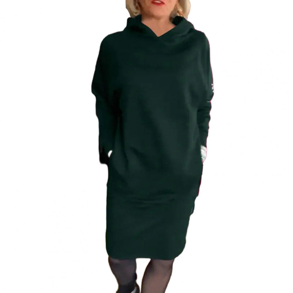 Women Dress Hooded Loose Solid Color Long Sleeve Pullover Knee Length Thick Warm Casual Fall Spring Midi Dress