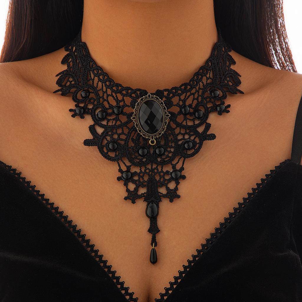SHIXIN Gothic Hollow Out Black Lace Choker Necklace Women Vintage Punk Red Blood Drop Pendant Necklace Halloween Neck Chain New