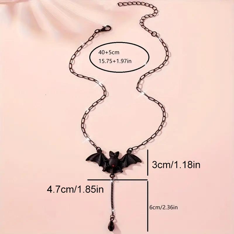 Gothic Halloween Bat Necklace for Women - Black Bat Pendant with Red Eyes & Teardrop Bead Chain, Edgy Party Jewelry for Costume