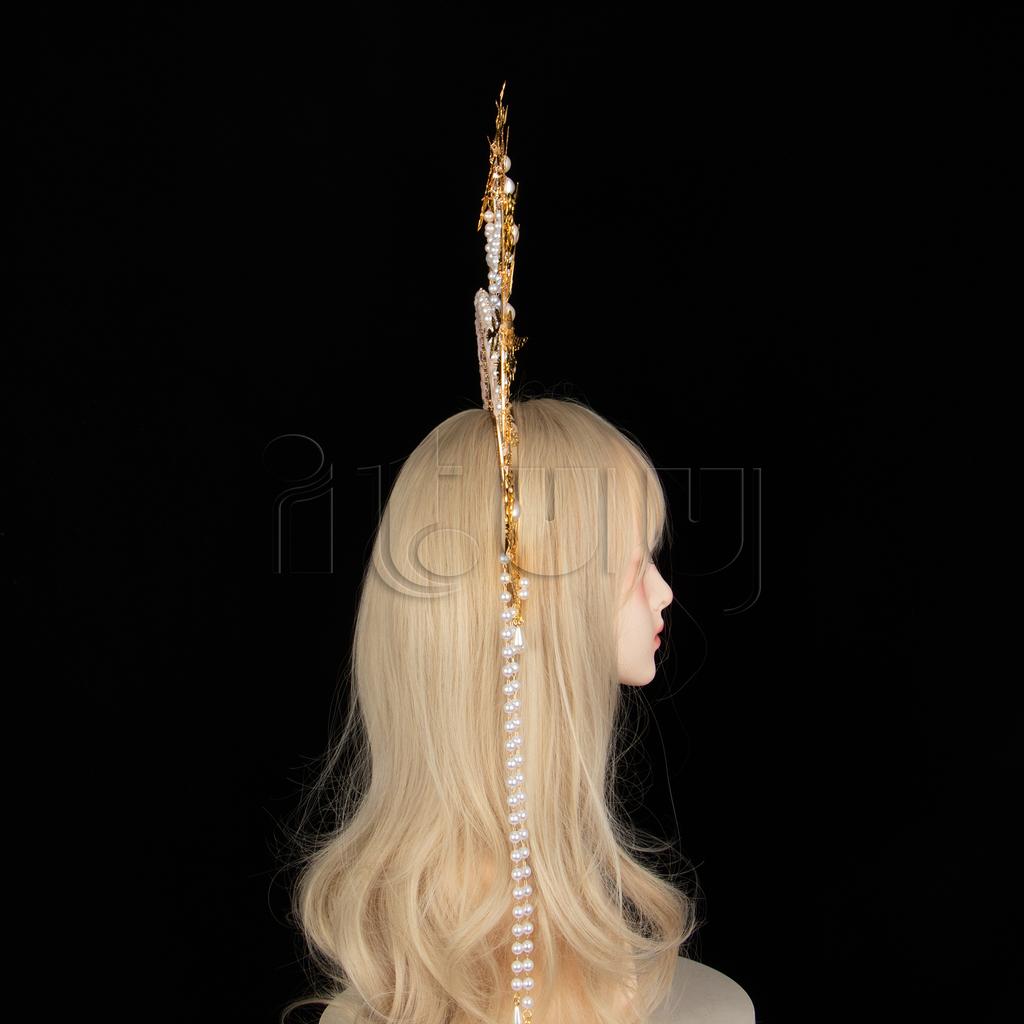 Exaggerated Oversized Sun Goddess Angel KC Halo Crown Queen Headpiece Gold Baroque Pearl Tiara Lolita Headband for Photo Prop