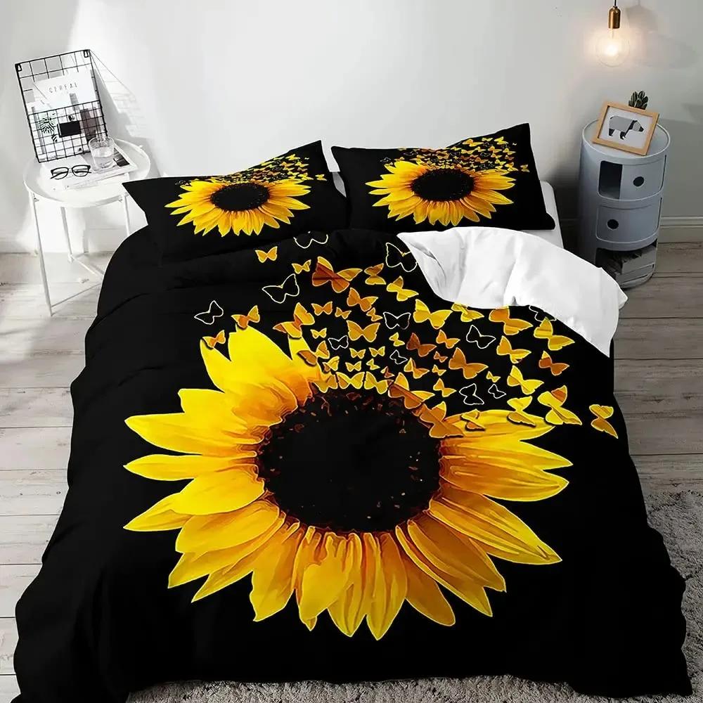 Sonnenblumen Bettbezug Set Gestreifte Bettwäschesets Schwarze Streifen Gelbes Sonnenblumen Design Weiß Schwarz Jungen Mädchen Bettdeckenbezug Queen