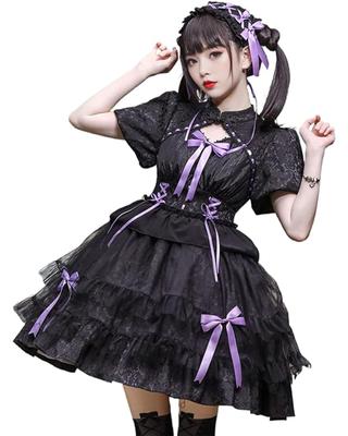 JIURUN Cosplay Lolita Gothic Lolita Costume with 3D and Panel Anime Bow Tie Plus Mori Sweet Gothic Cute Lady and Size One-Piece Pattern, Ruffles,