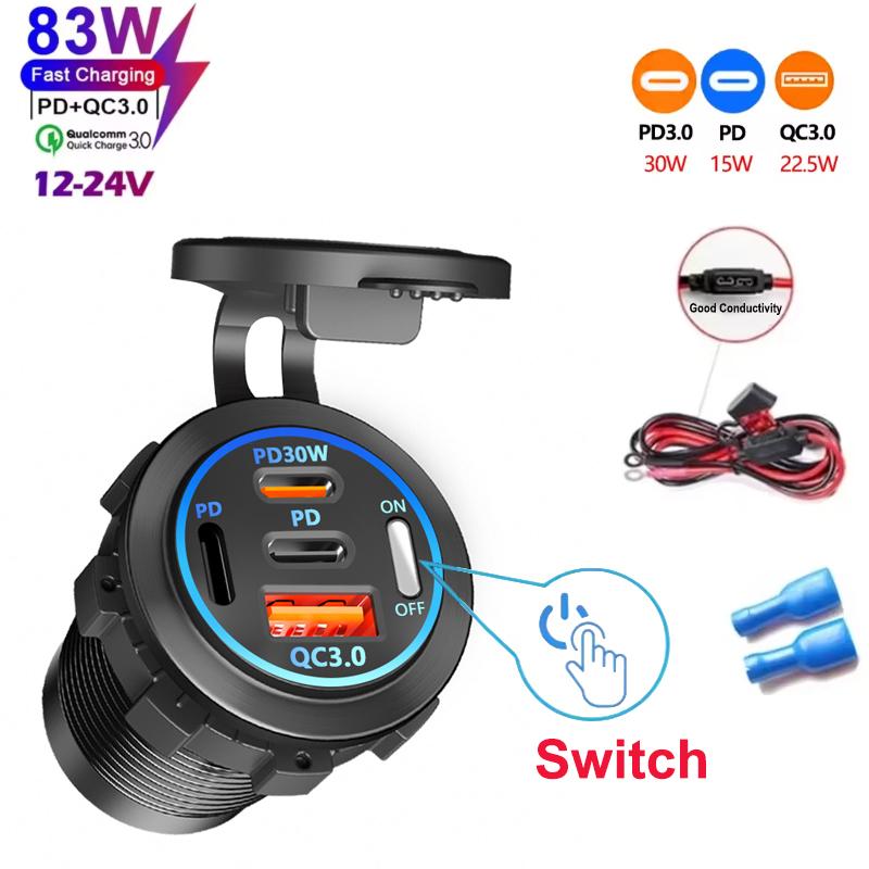 NEW 4 Ports Dual PD Dual QC 3.0 USB Car Charger with Voltmeter Socket Power Outlet Adapter Waterproof for 12V/24V Car Boat